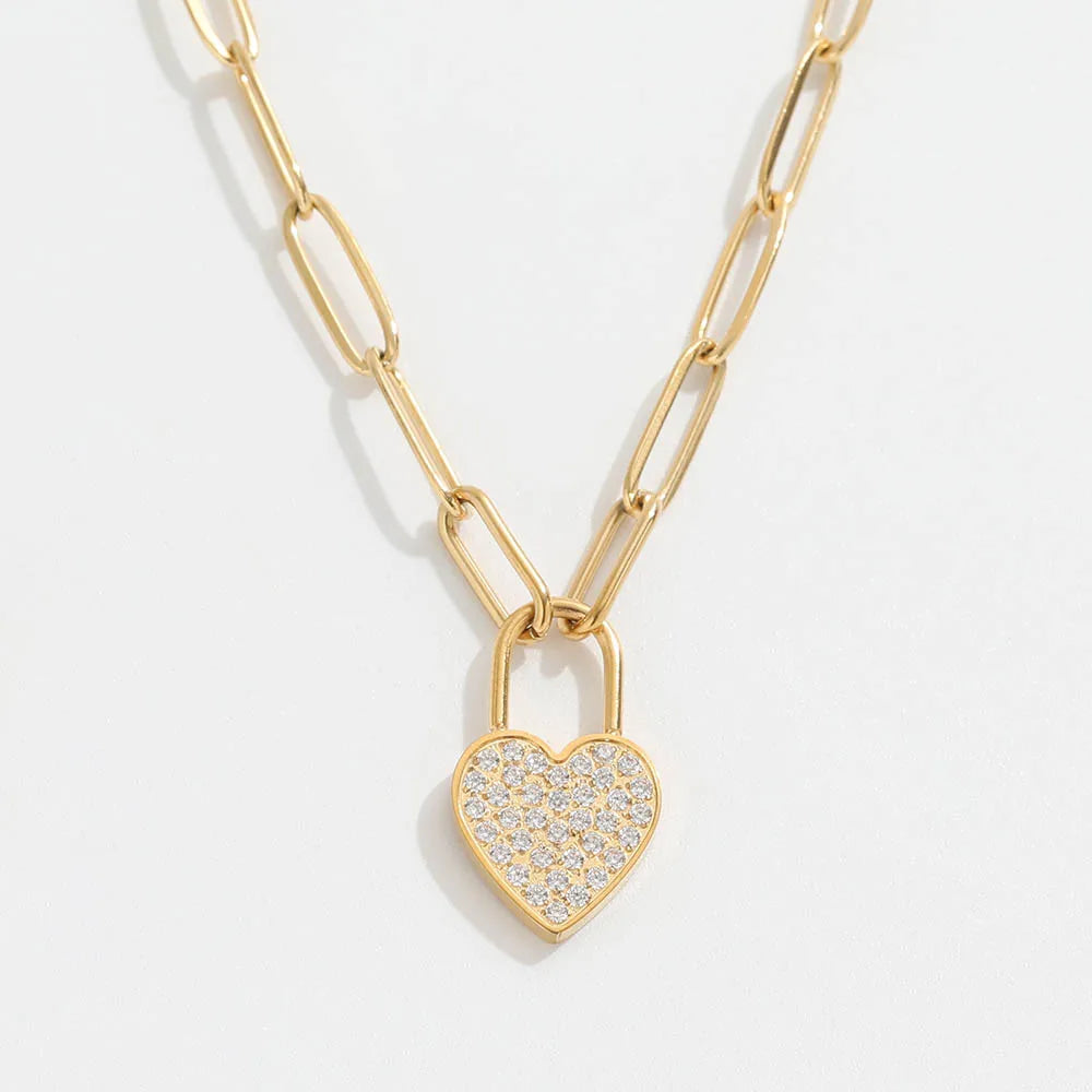 PVD 18K Gold Plated Zirconia Pave Heart Stainless Steel Pendant Necklace Luxury Party Necklace MegaBDM