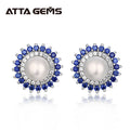 925 Solid Silver Elegant Beauty White Freshwater Pearl Stud Earrings for Women High Quality Fine Pearls and Sapphire Jewelry