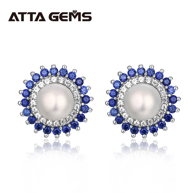 925 Solid Silver Elegant Beauty White Freshwater Pearl Stud Earrings for Women High Quality Fine Pearls and Sapphire Jewelry