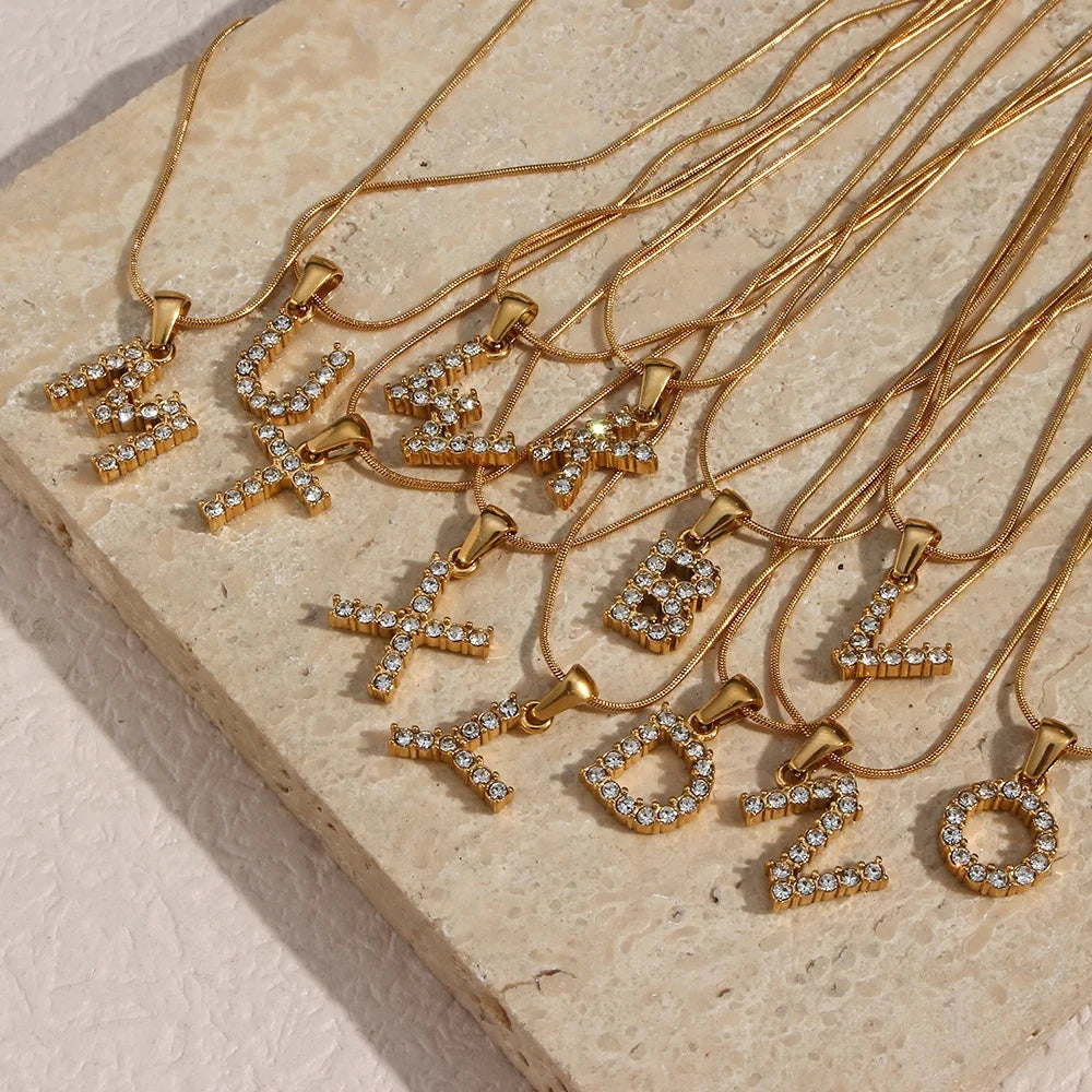 Zircon Paved Initial Necklace 18K Gold Plated Stainless Steel Herringbone Necklace