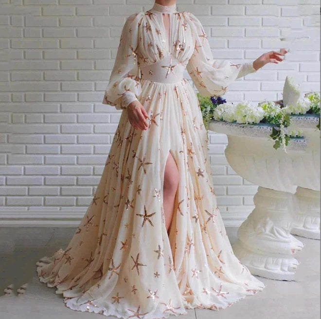 New Half High Collar Sequin Split Lantern Sleeves Large Swing Chiffon Dress