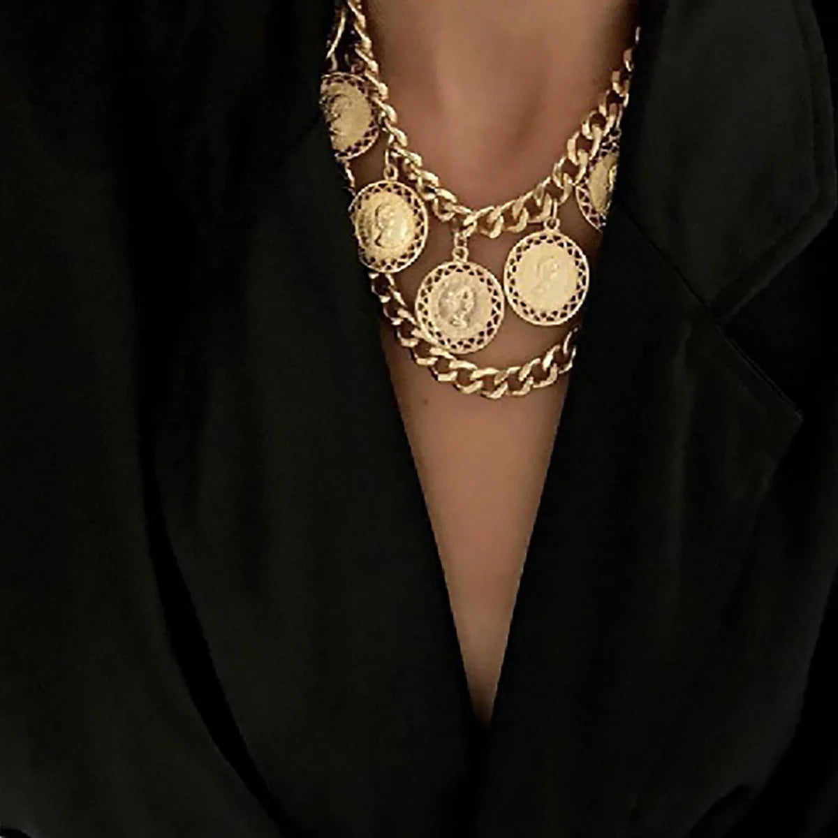 Retro Geometric Thick Chain Multi-layer Collars Female Personality Relief Figure Pendant Tassel Necklace