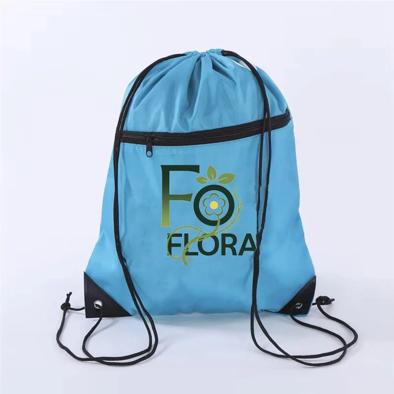 Custom Promotional Waterproof 210D Polyester Black Sports Nylon Drawstring String Back Pack Gift Bag with Zipper Pocket logo