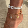 4Pcs/Set Trendy Imitated Pearl Seed Bead Oil Drop Starfish Pendant Anklet for Women Fashion Lady Summer Wear Accessories Jewelry