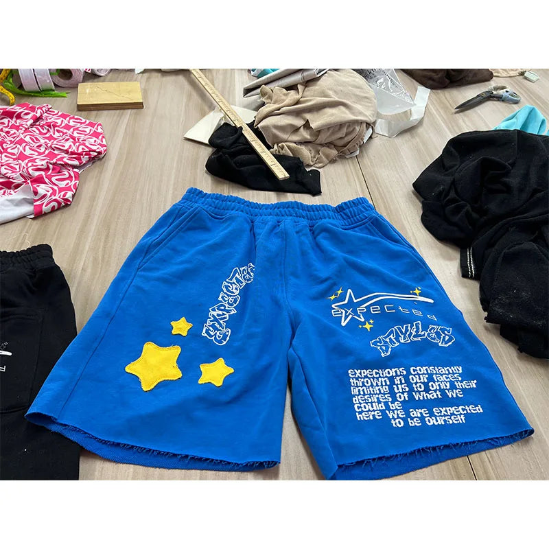 KY Sun Faded Wash Summer Sweat 100% Cotton Streetwear Mens Fleece Shorts With Raw Edge Distress Embroidery Shorts for Men Cotton