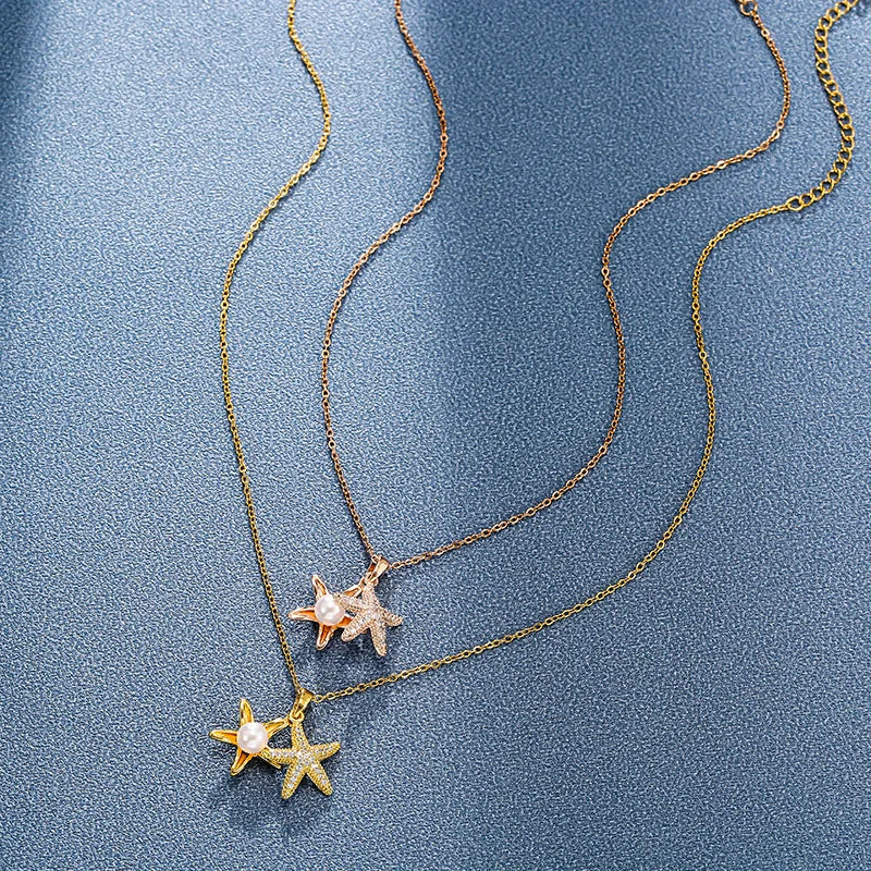 Fashionable and Exquisite Ocean-Inspired Resort Style Zirconia-Studded Women's Pearl Shell Necklace