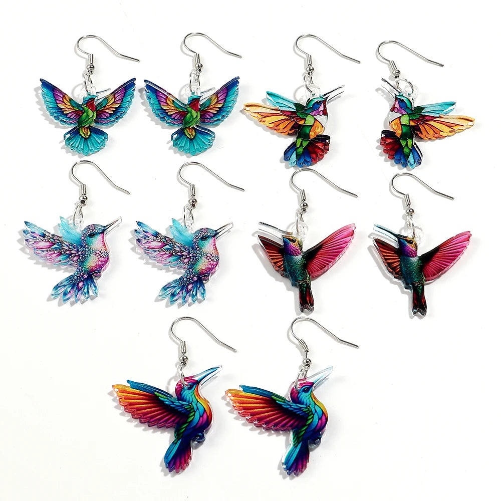 Cheap Plastic Jewelry Cartoon Pendant Church Colorful Bird Acrylic Animal Print Hummingbird Fishhook Earrings