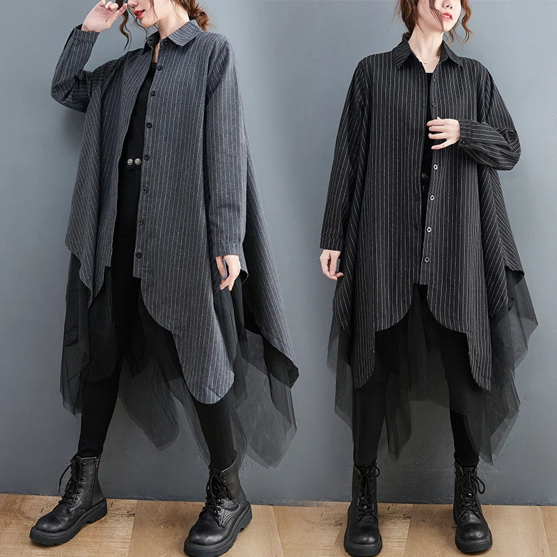 Boutique Wholesale 2026 Autumn Loose Fashion Stripe Splice Double Layer Mesh Shirt Medium Length Shirt Coat