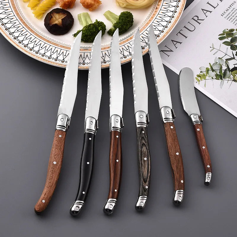 6Pcs Laguiole Style Steak Knife Set Stainless Steel Serrated Blade Wood Handle Dinner Knives for Restaurant Hotel