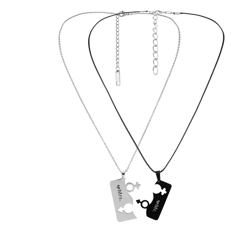 Wedding Black Silver Stainless Steel Chain Titanium Couple Square Puzzle Set New Fashion Valentine Simple Blank Pendant Necklace