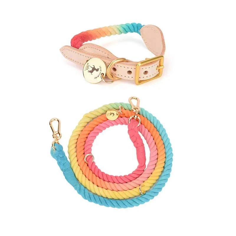 Wholesale  Woven Multicolor Handmade Ombre Soft Cotton Braided Rope Dog Pet Leash Vegan Leather Pu Dog Collar Leash Set