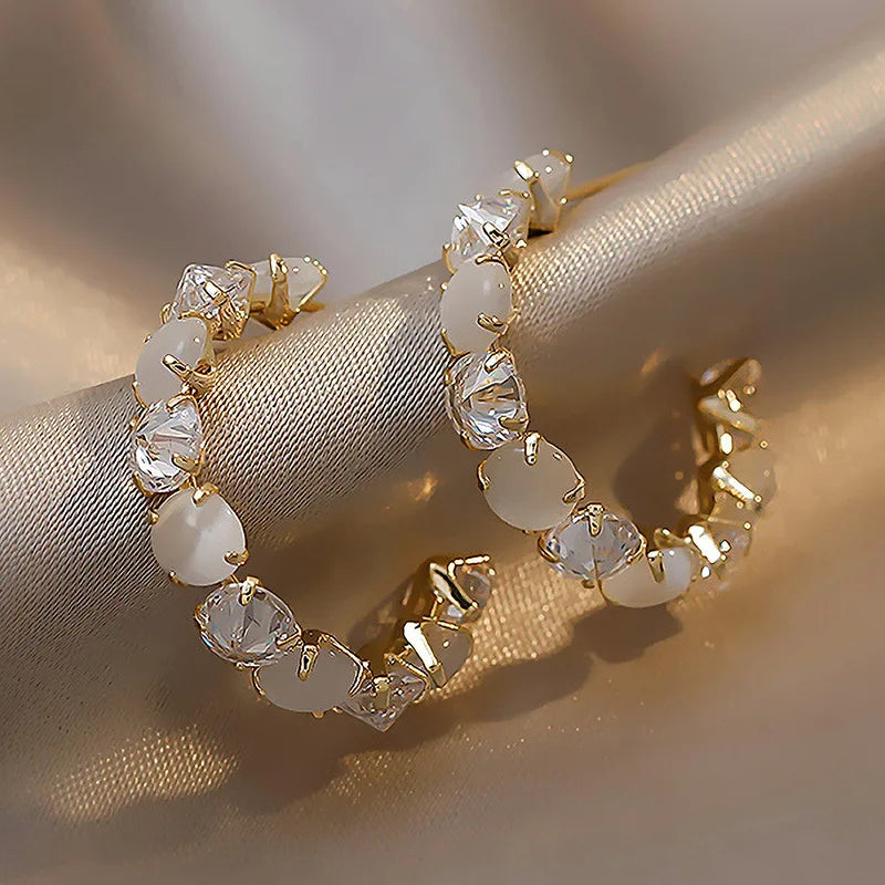 Wholesale Women Luxury Opals Hoop Earrings Elegant S925 Silver Needle C Shape Hoop Opal Rhinestone Vintage Earring for Women