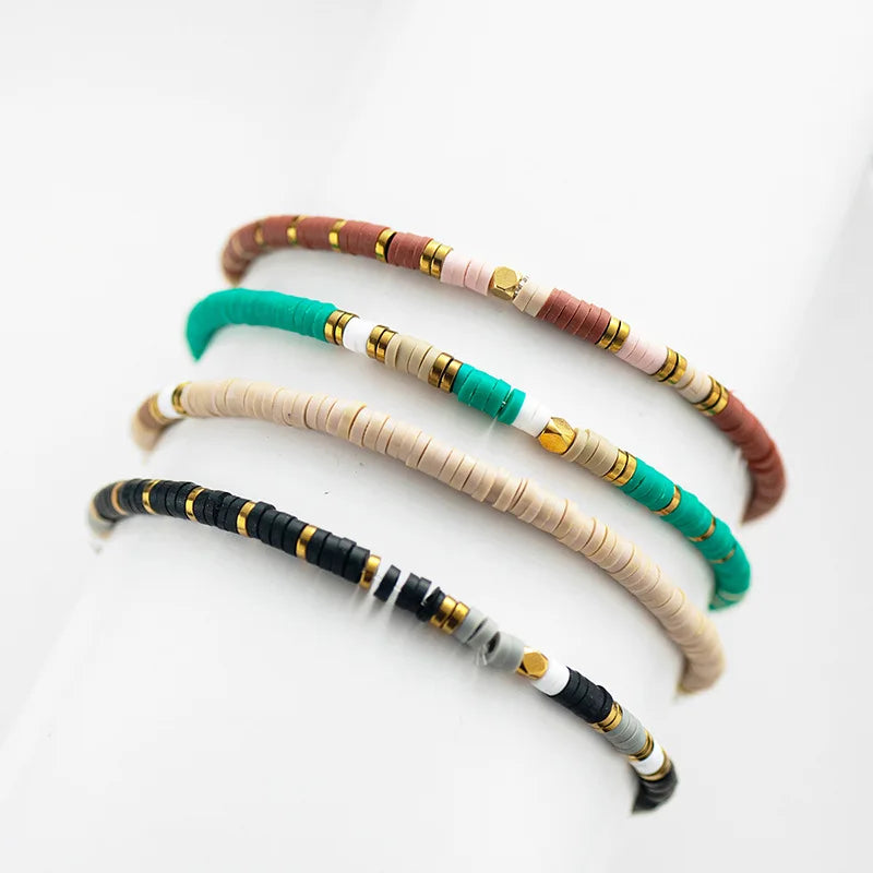 Handmade Boho Colored Soft Clay Beads Elastic Bracelet Stainless Steel Charms Bracelet for Women