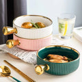 Nordic Color Glaze Ceramic Baking Bowl Noodle Bowl with Handle Household Salad Bowl Golden Rim