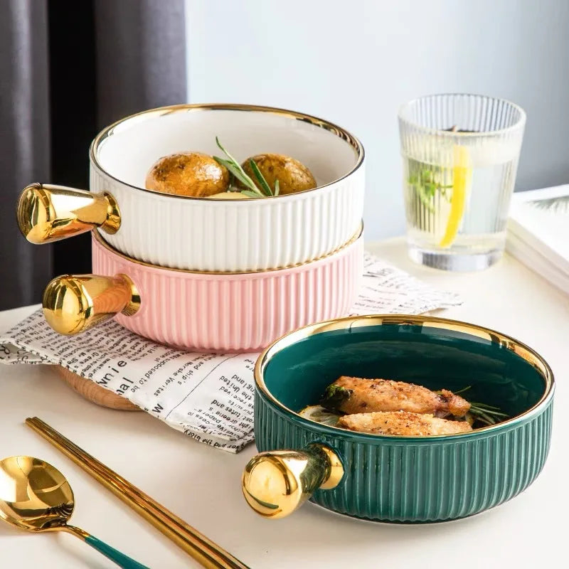 Nordic Color Glaze Ceramic Baking Bowl Noodle Bowl with Handle Household Salad Bowl Golden Rim