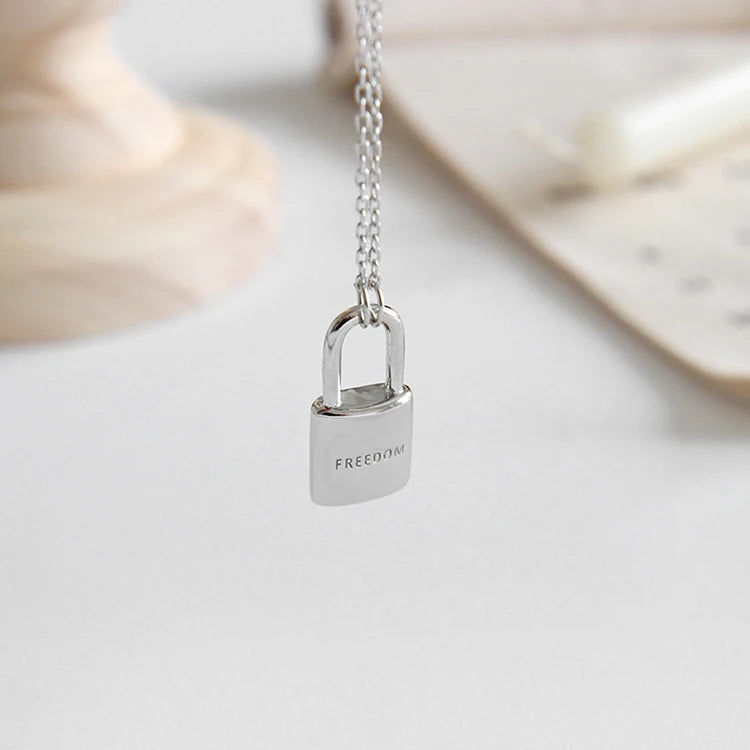 Minimalist Silver Padlock Necklace Engraved Freedom Charm Pendant Necklace for Her