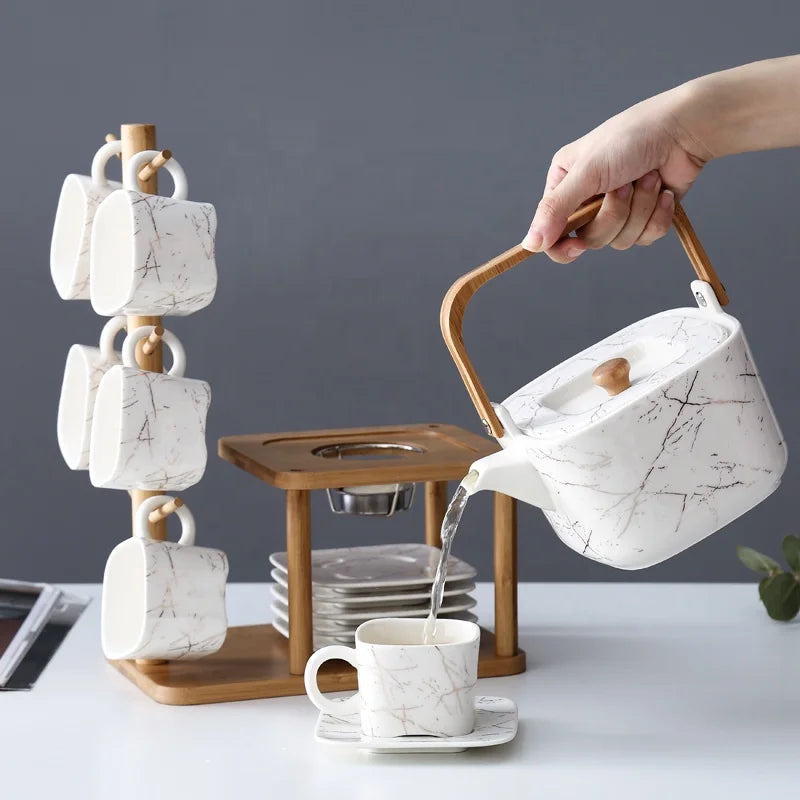 European Afternoon Tea Ceramic Kung Fu Set Japanese Style Includes Stand Rack Teapot Jug Cup and Saucer for Coffee & Tea