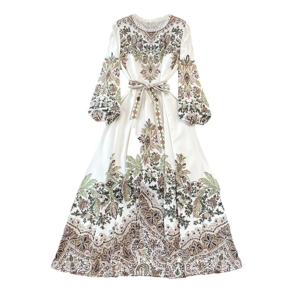 New New Fashion Vintage Woman Long Sleeve Round Neck Print A-Line Elegant Casual Dress