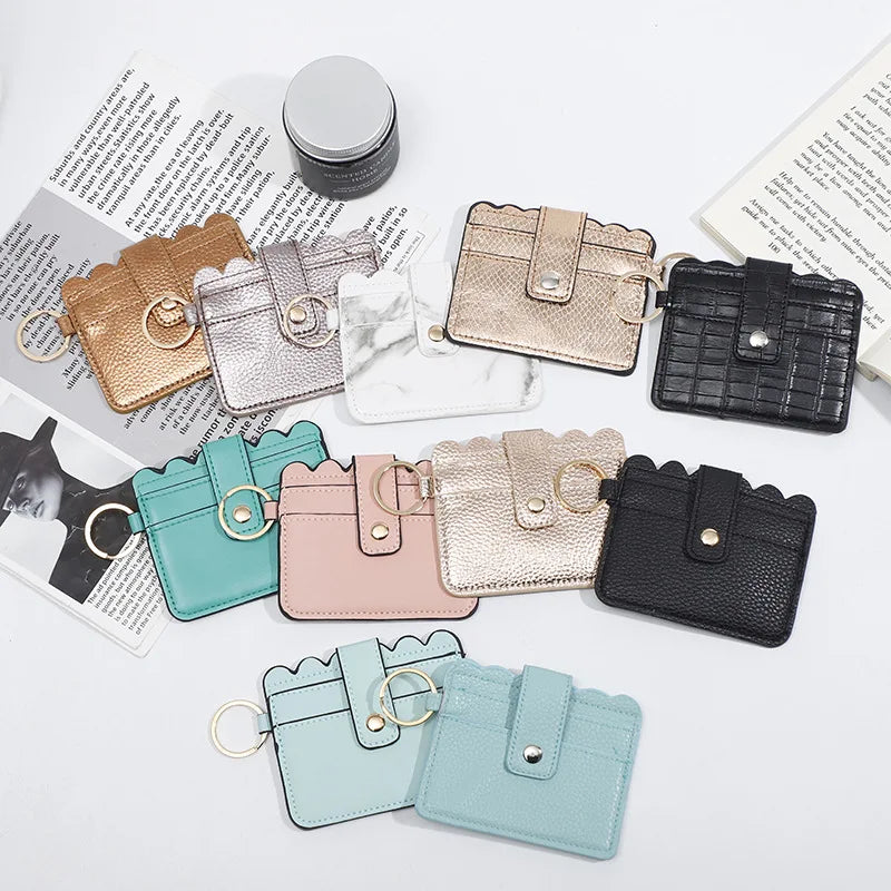 Popular Small Cute Genuine Leather Credit Card Holder Keyring Coin Purse Wallet With Button Closure Female Card Holder Wallet