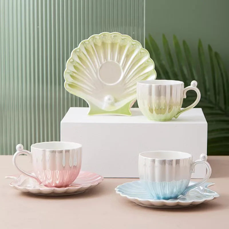 Elegant Mug Unique Pearl Shells Shapes Exquisite Coffee Cup and Saucer Set for Afternoon Tea Cup and Saucer 240ML
