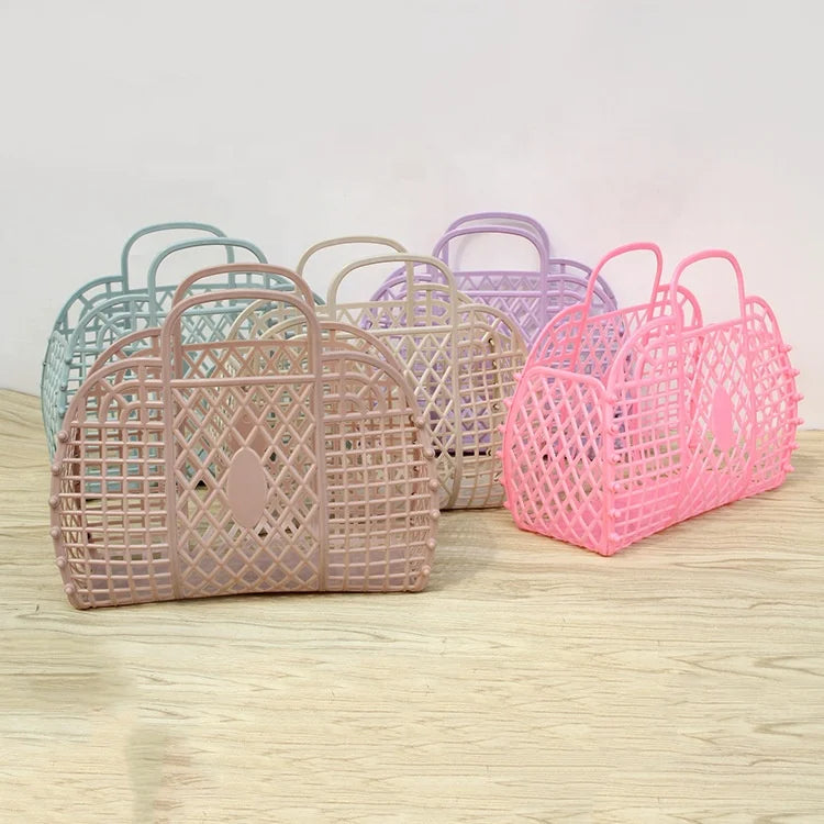 Wholesale 2022 Kids Bath Storage Basket Vintage Plastic Jelly Bag Two Handles Casual Tote Style Open Closure