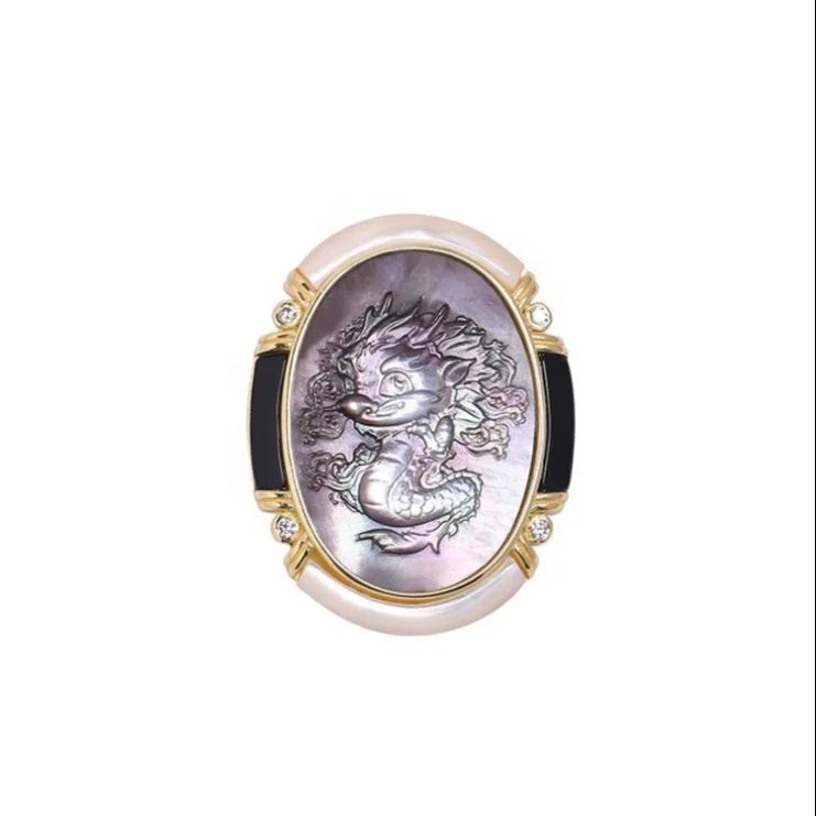 Heizun Exclusive Design High Class Black Natural Mother of Pearl Carved Shell Cameo Chinese Loong Dragon Pendant Necklace