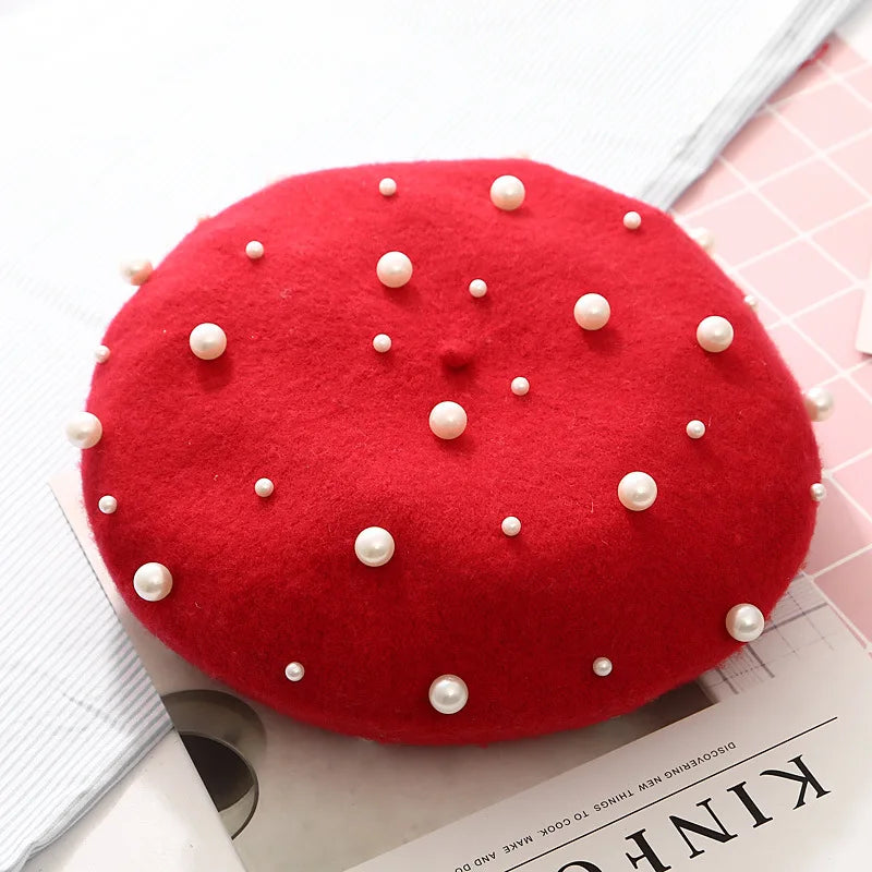 Winter Autumn Women Warm French Hats Girls Knitted Red Beaded Luxury Pearl Berets MegaBDM