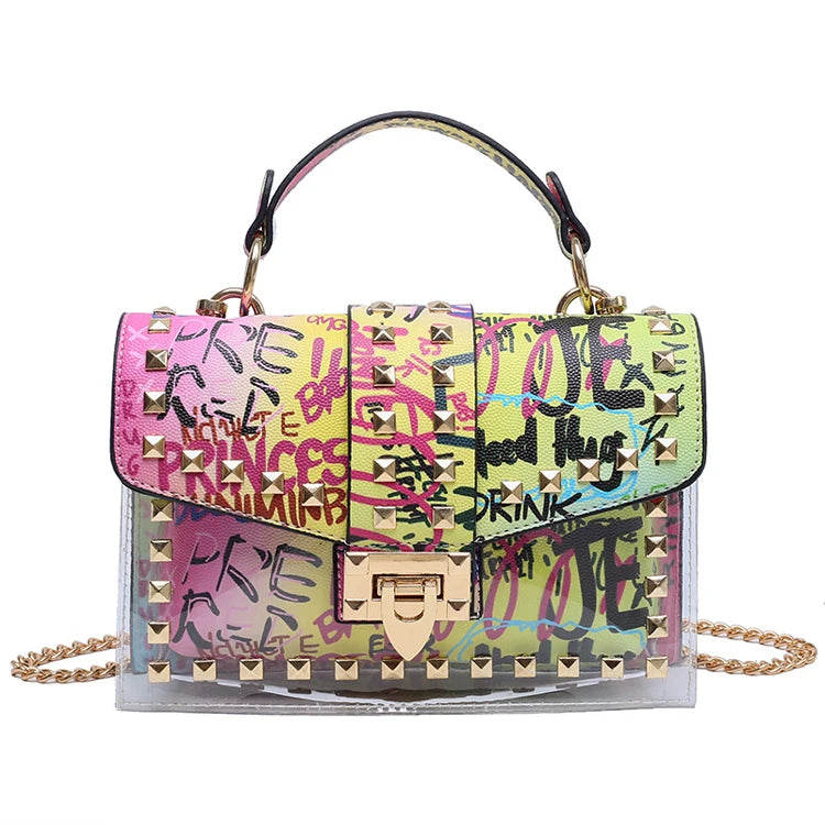 Hot Selling Graffiti Flap Bags Trendy Snake Print Rivet Women Chain Shoulder Bag PVC Hand Bag Sets Ladies Handbags