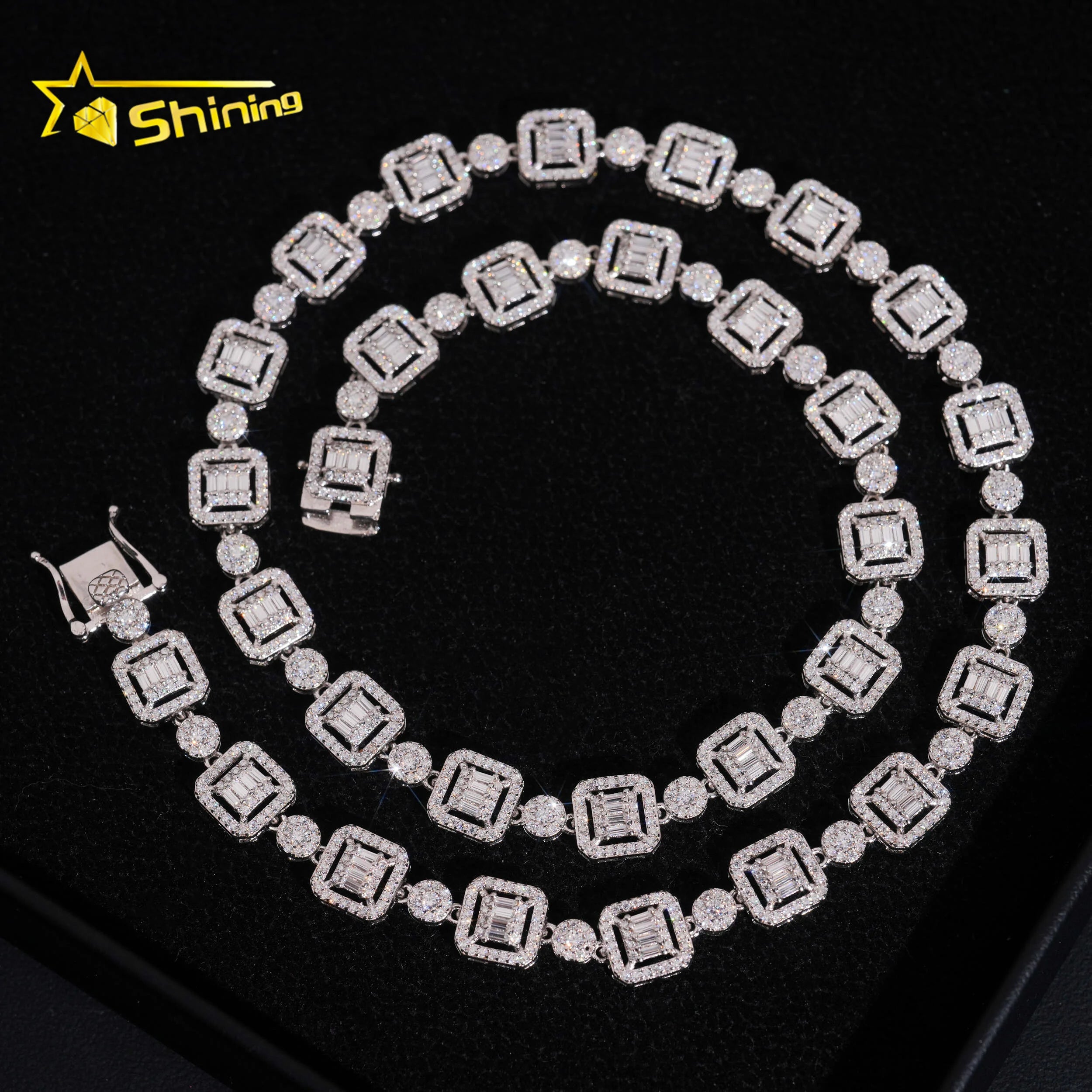 Hip Hop Jewelry 925 Sterling Silver Baguette Missanite Cuban Link Chain Iced Out Men Infinity Cuban Link Moissanite Necklace