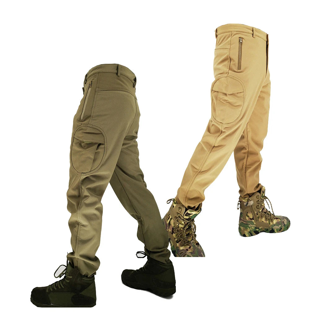Stock Men's Fleece Lining Waterproof Softshell Outdoor Winter Tactical Pants Sport Multi Pockets Cargoes Pant