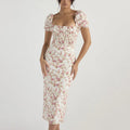 Summer Elegant Bodycon Ruched Floral Printing Dress Women Puff Sleeves Rear Split square Neck Casual Midi Dresses