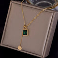 Retro Asymmetric 18K Gold Plated Stainless Steel Chain Necklace Adjustable Rectangle Emerald Diamond Pendant Necklace