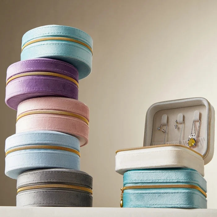 9 Colors Earrings Rings Necklaces Case Storage Box Organizer Packaging Zipper Square Round Shape Velvet Jewelry Box
