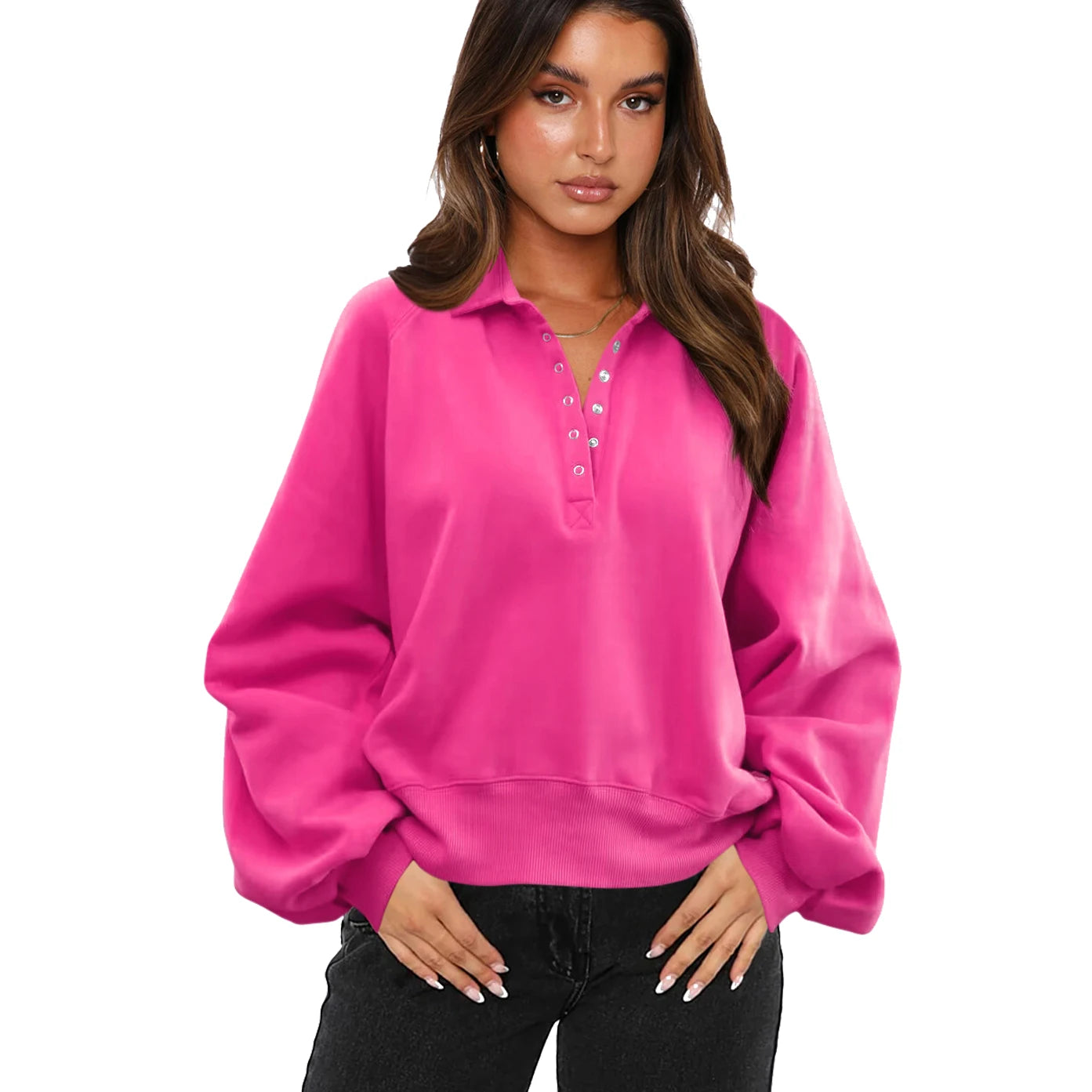 Women Long Sleeve Comfort Lightweight Loose Button Neck Oversize Sweater