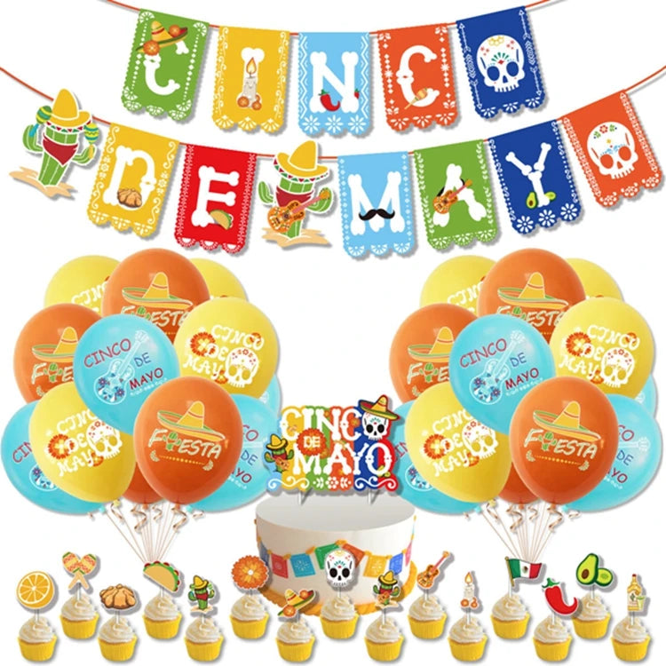 Hot Selling Mexican Theme Party Banners Cinco De Mayo Decoration Include Cinco De Mayo Banner Balloons Cupcake Toppers X4102