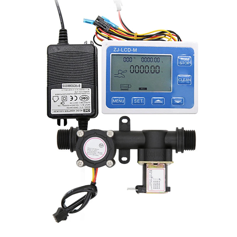 Digital LED Display Flow Quantitative Controller Instrument 1/2" Male Thread Plastic Solenoid Valve Integrated Water