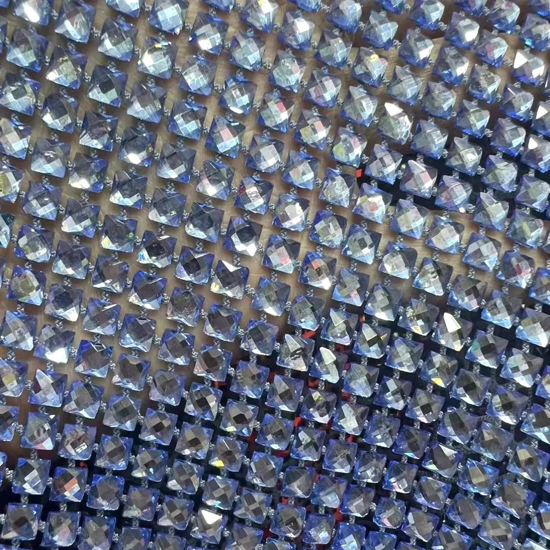 Haute Couture Sky Blue Crystal Rhinestone Square Diamonds Rhinestone Quality Beaded Mesh Fabric