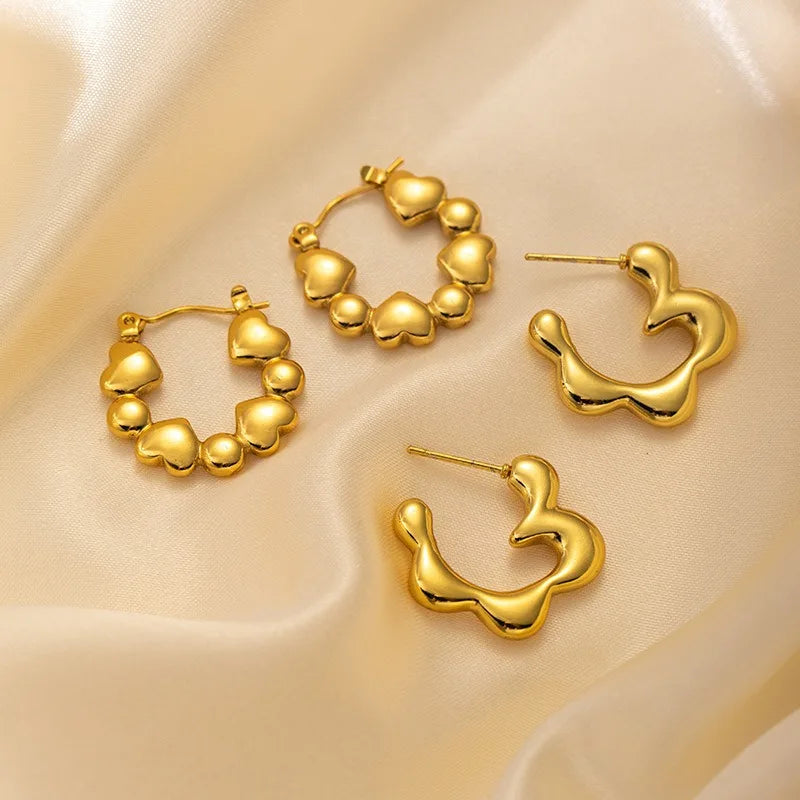 Stainless Steel Gold Hoop Heart Irregular Flower Earring for Women Ladies Gift