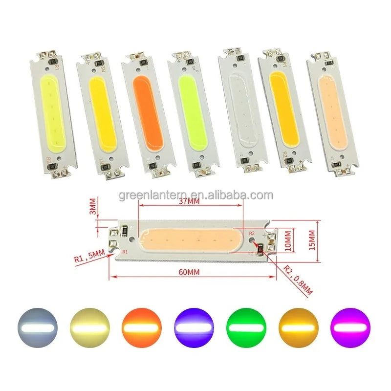 60*15mm 2W 12V COB Strip Light Source 3000K 6000K Red Blue Green Yellow Pink Purple Orange Aluminum PCB Chip LED Light Source