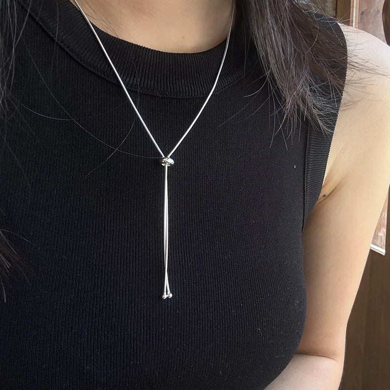 Fluid Silver Lariat Adjustable Y-Necklace with Sliding Bead 925 Sterling Silver Snake Chain Minimalist Elegant Drop Pendant