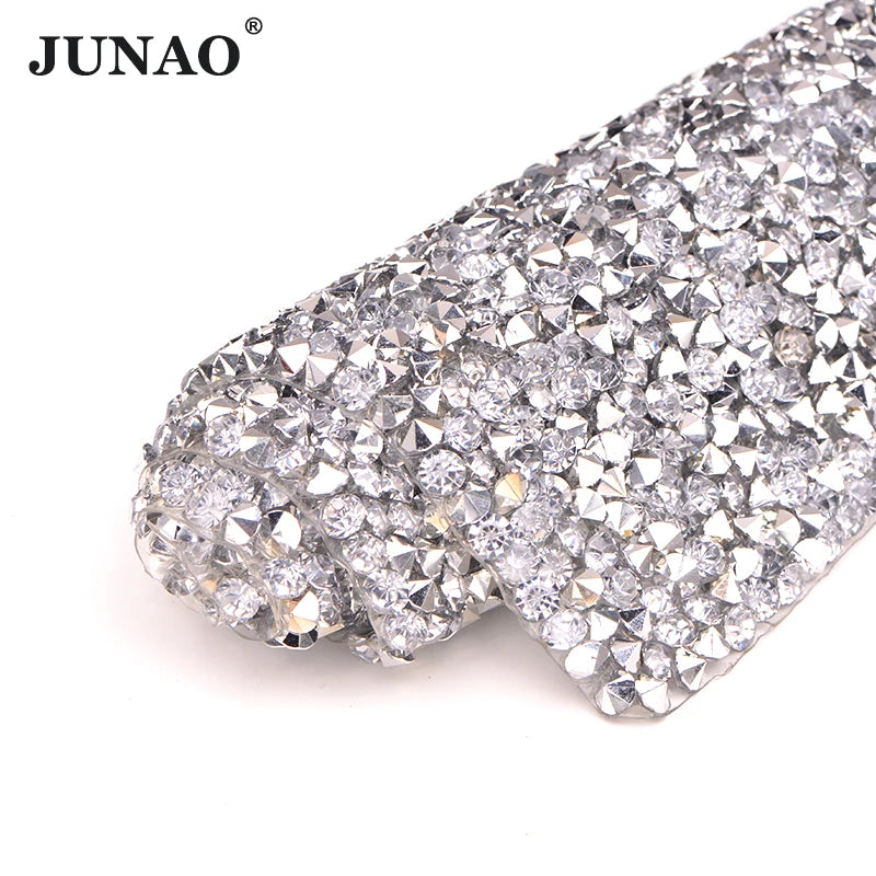 JUNAO SS12 3mm Clear Color Self Adhesive Iron on Sticker Bling Mesh Hotfix Rhinestone Sheet for Clothes