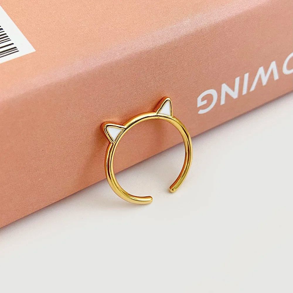 Fashion Lovely Animal 925 Sterling Silver Ring Cute Cat Cartoon 18k Gold Plated MImi White Ear Open Ring for Girls Fine Jewelry