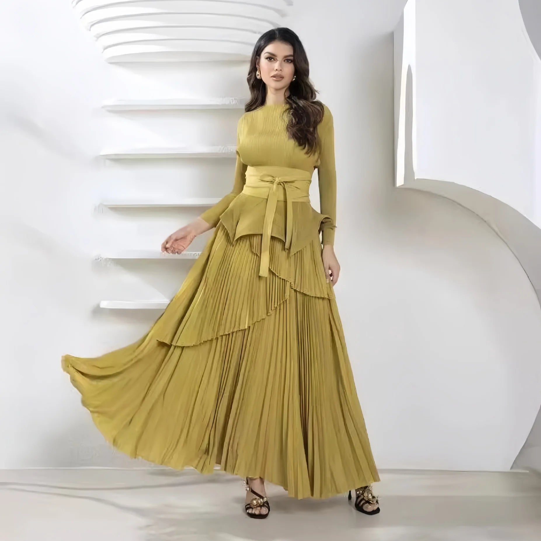 Long Swing Skirt Evening Dress Irregular Big Lace-Up Pleated Waist Top Two-Piece Set Women's Solid Color 2 Piece Pleated Set
