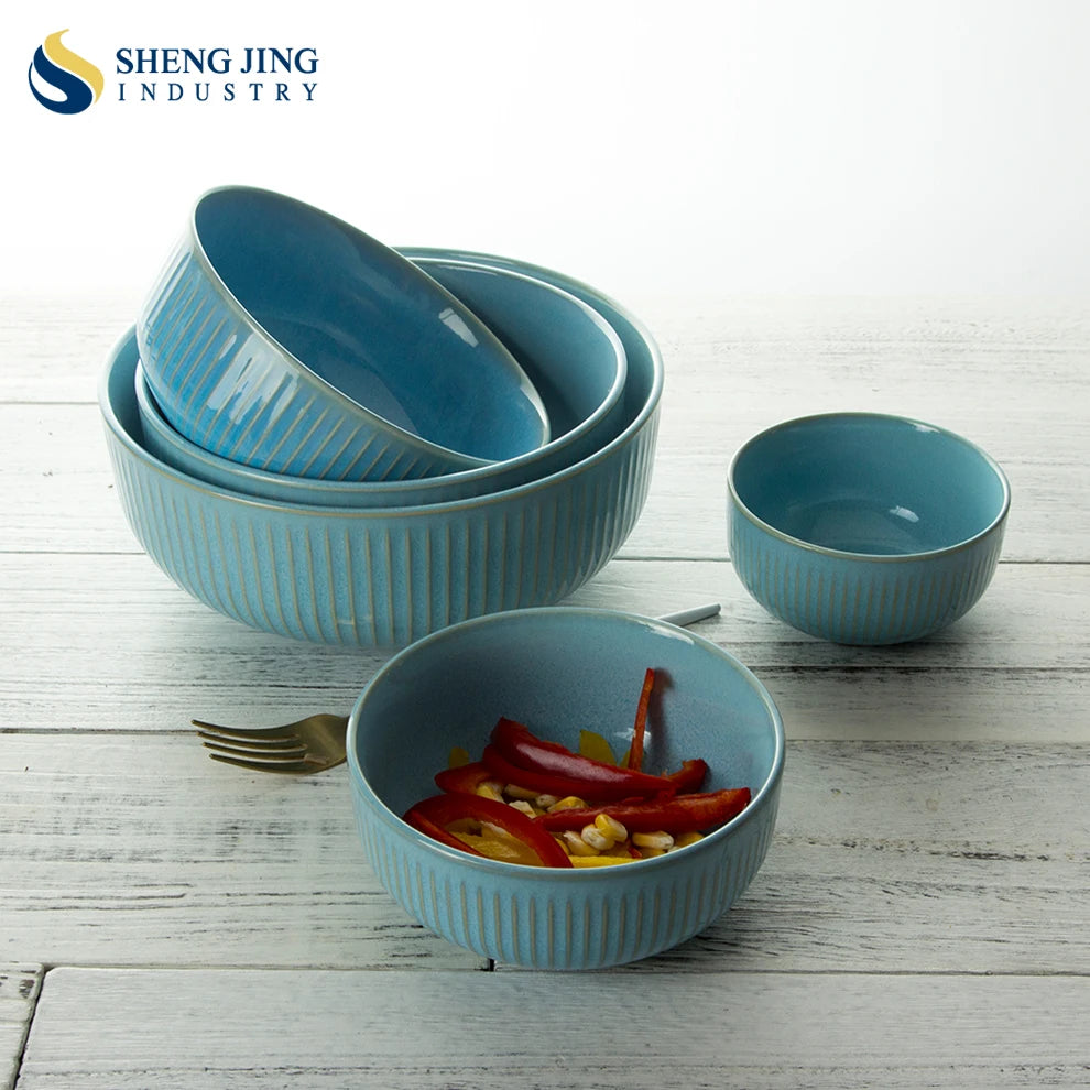 Shengjing Tableware Custom Logo Eco-Friendly Modern Ceramic Porcelain Rice Soup Bowl Water Stripes Dark Blue for Party
