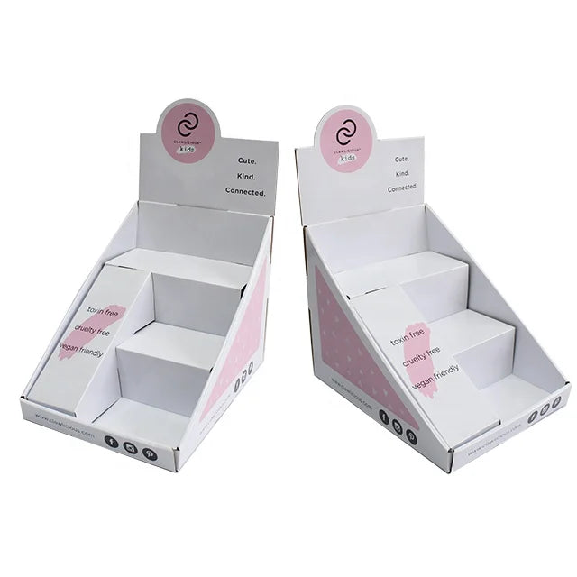 Retail Foldable Portable Eco-Friendly Recycled Materials Cardboard Cosmetic Display Stand Glossy Lamination Counter Top Use 3