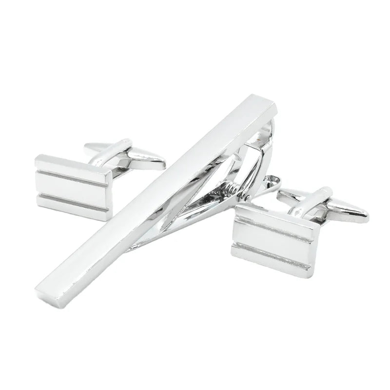Wholesale Silver Color Simple Cufflinks Tie Clips Custom Men Suit Shirt Fashion Accessory Wedding Tuxedo Trendy Jewelry Gift Set