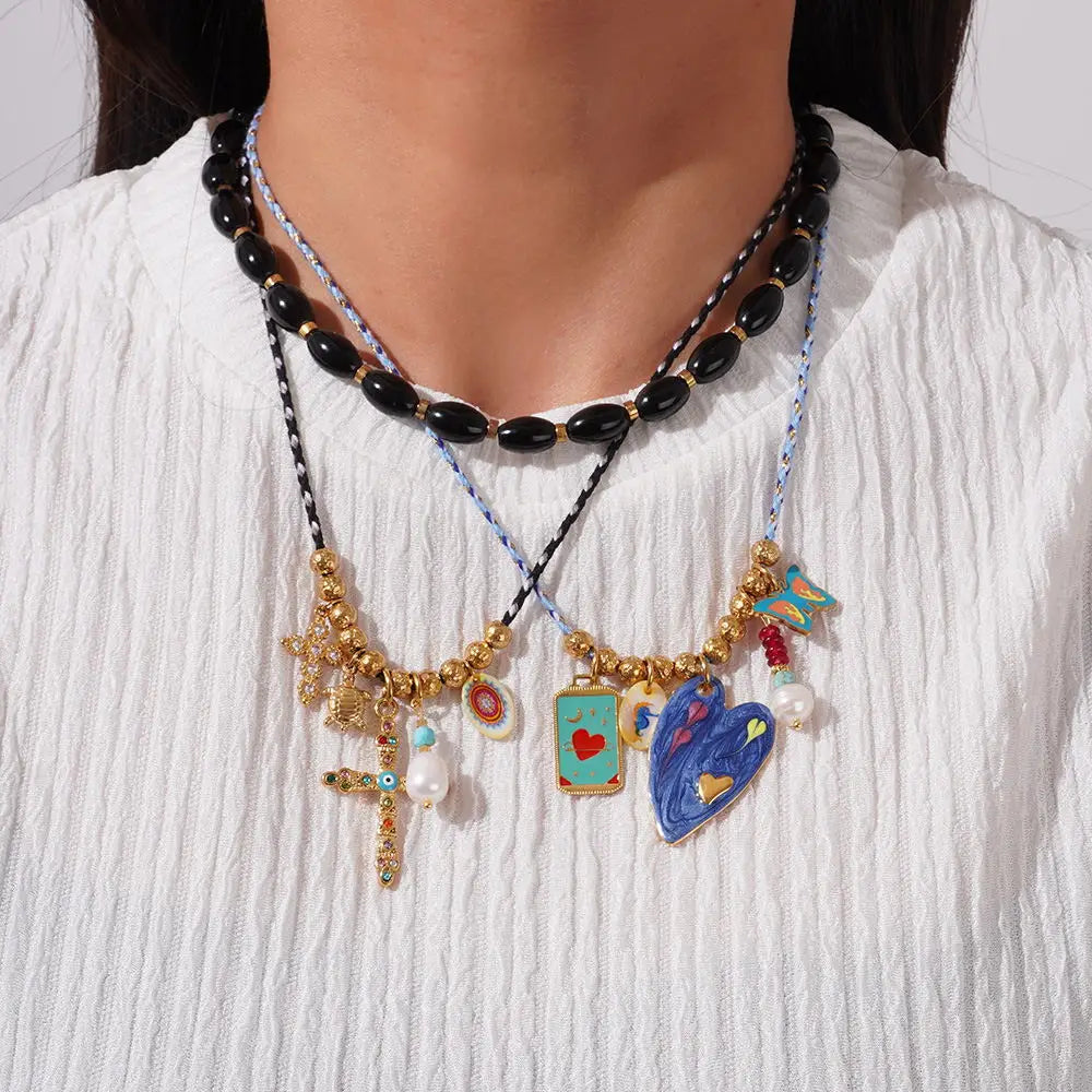 Natural Stone Black Agate Freshwater Pearl Heart Gold Bead 18K Gold Plated Devil Eye Stainless Steel Cross Zircon Women Necklace