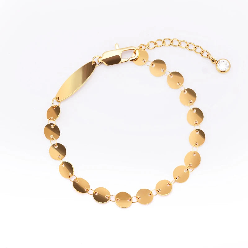 Simple Stainless Steel Hypoallergenic Gold Plated Jewelry 6mm Adjustable Geometric Disc Chain Bracelet