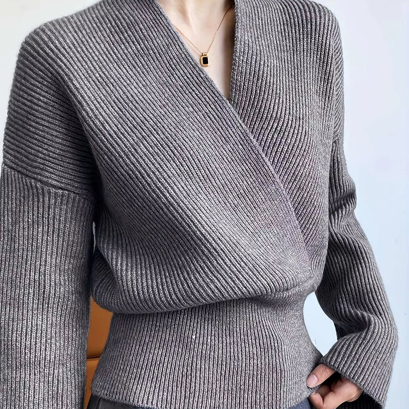 Arctic Velvet Effortless Wrap Sweater V Neck Casual Autumn Flat Knitted Regular Women's Sweater