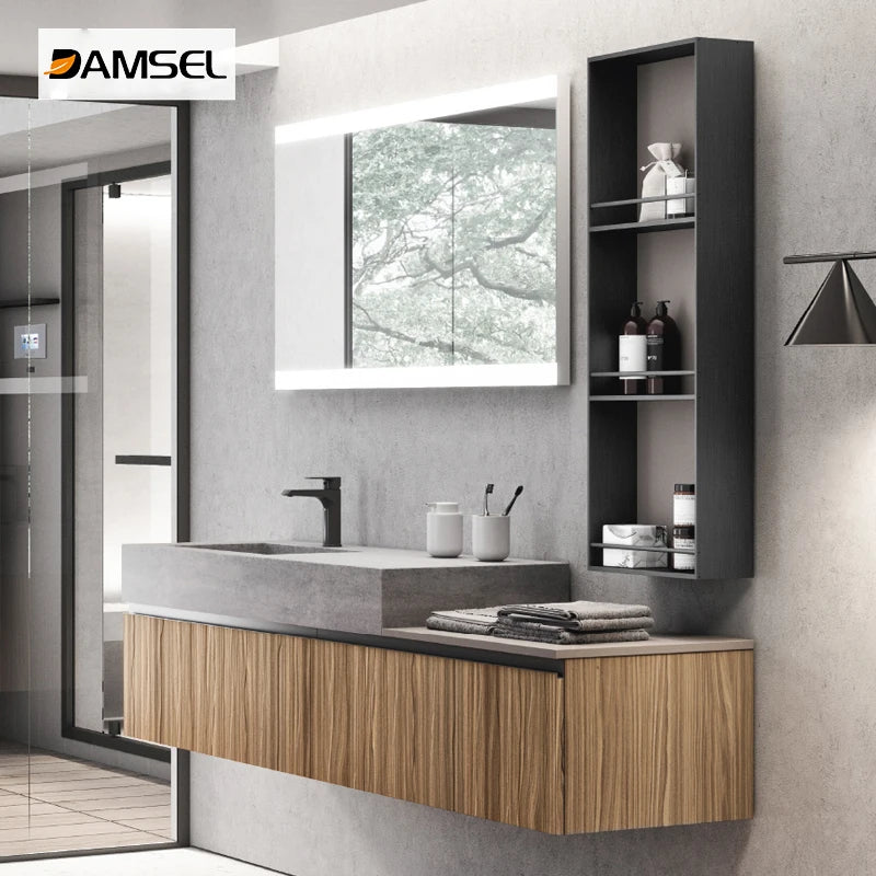48Inch Floating Water Resistant Lacquer Plywood Bathroom Vanity LED Mirror Lights Marble Top Ceramic Basin Modern Design
